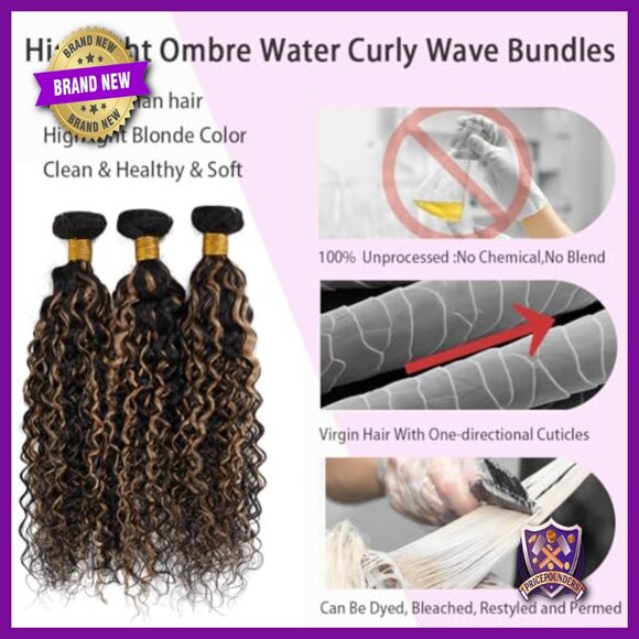 Human Hair Extensions 3 Bundles with HD Lace Closure Water Wave Curly main image 5